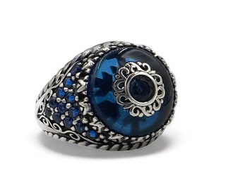 Men's 925 Sterling Silver Ring with Blue Safir Zircon - Geometric & Patterned Design - Central Stone