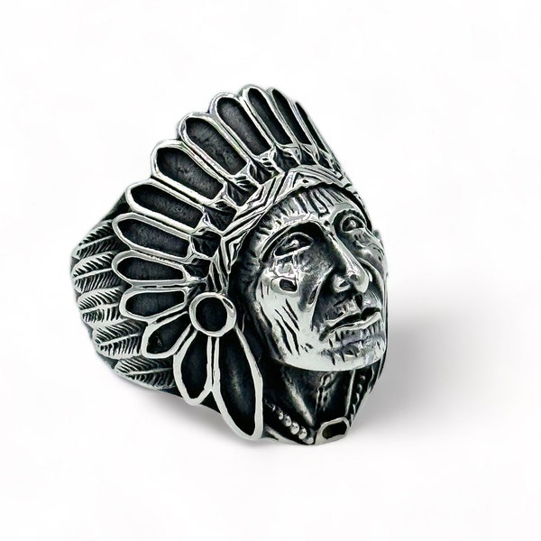 Native American Ring - Silver Apache Jewelry for Men/Women - Indian Chief Head Design