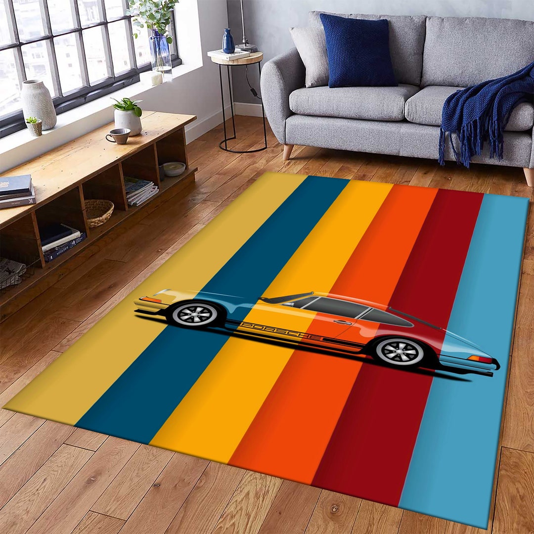 Colorful Porsche 911 Patterned Retro Area Rug Car Style Etsy