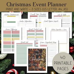 May include: A Christmas Event Planner with 40 printable pages. The planner includes sections for holiday entertainment, guest lists, and menu offerings. The text on the cover reads "The Ultimate Christmas Holiday Event Planner."