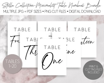 PRINTABLE Minimalist Table Number Bundle, Tables 1-20 in 4x6, 5x7, 7x10 sizes, INSTANT DOWNLOAD, Cut File for Cricut/Silhouette