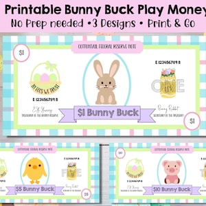 Printable Easter Bunny Bucks Money- 1,5, & 10 dollar bills | Great for Easter egg hunts, Easter egg filler, and Easter gifts | Easter money
