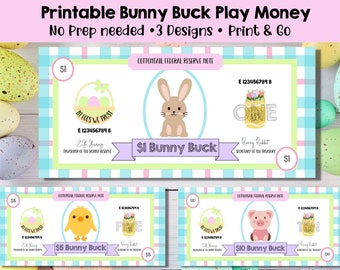 Dinero de conejito de Pascua imprimible: billetes de 1, 5 y 10 dólares / Ideal para búsquedas de huevos de Pascua, relleno de huevos de Pascua y regalos de Pascua / Dinero de Pascua
