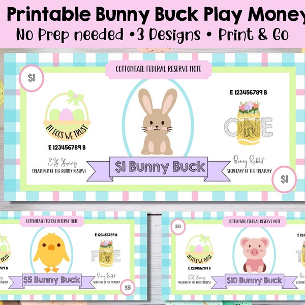 Printable Easter Bunny Bucks Money- 1,5, & 10 dollar bills | Great for Easter egg hunts, Easter egg filler, and Easter gifts | Easter money