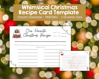May include: A set of printable Christmas recipe cards with a whimsical design. The cards feature a watercolor illustration of a gingerbread house cake and text that reads "Our Favorite Christmas Recipe". Includes space for ingredients and directions.