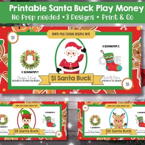 Printable Christmas Play Money- 1,5,10 Santa Bucks | Holiday Reward Tokens | Scavenger Hunt Prizes | Holiday Currency for Classroom Store