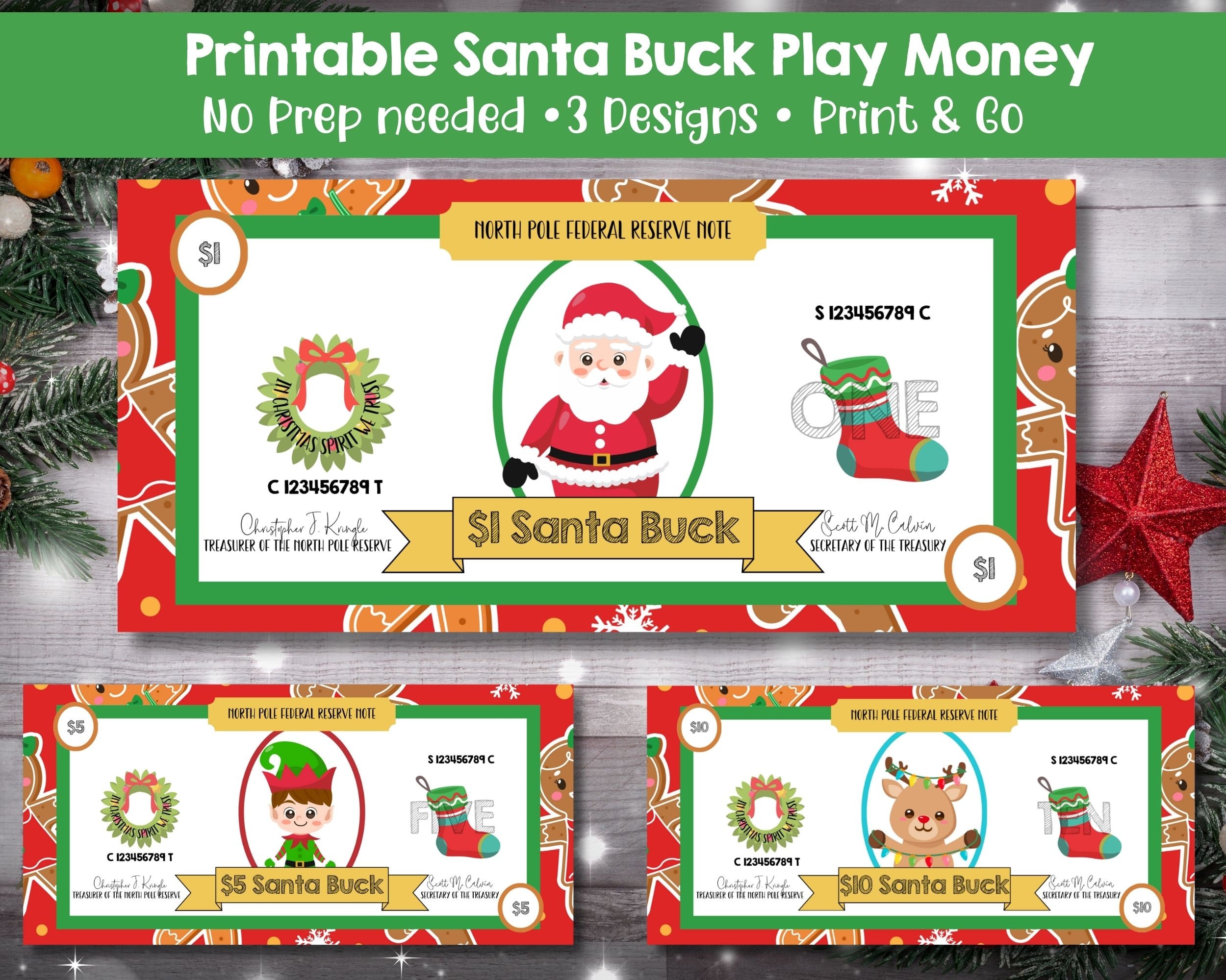Printable Christmas Play Money 1 5 10 Santa Bucks Holiday Reward