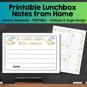 Può includere: Biglietti stampabili per il pranzo con la scritta "A Quick Note from Home" in lettere colorate. Il design include graffette e righe per la scrittura. Download immediato, disponibili in design multipli e singoli.