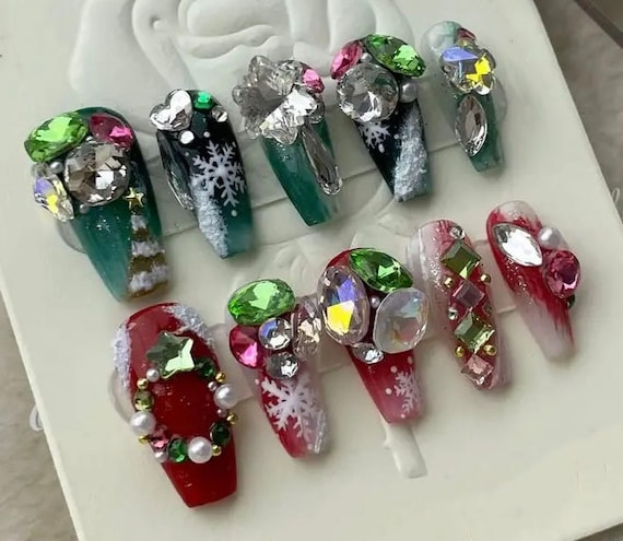 Holiday Crystal Press on Nail Set Custom Nail Jewels Handmade Nail Art  Design Gift Idea Christmas Nails Rhinestone Nail Set Girl Gift 