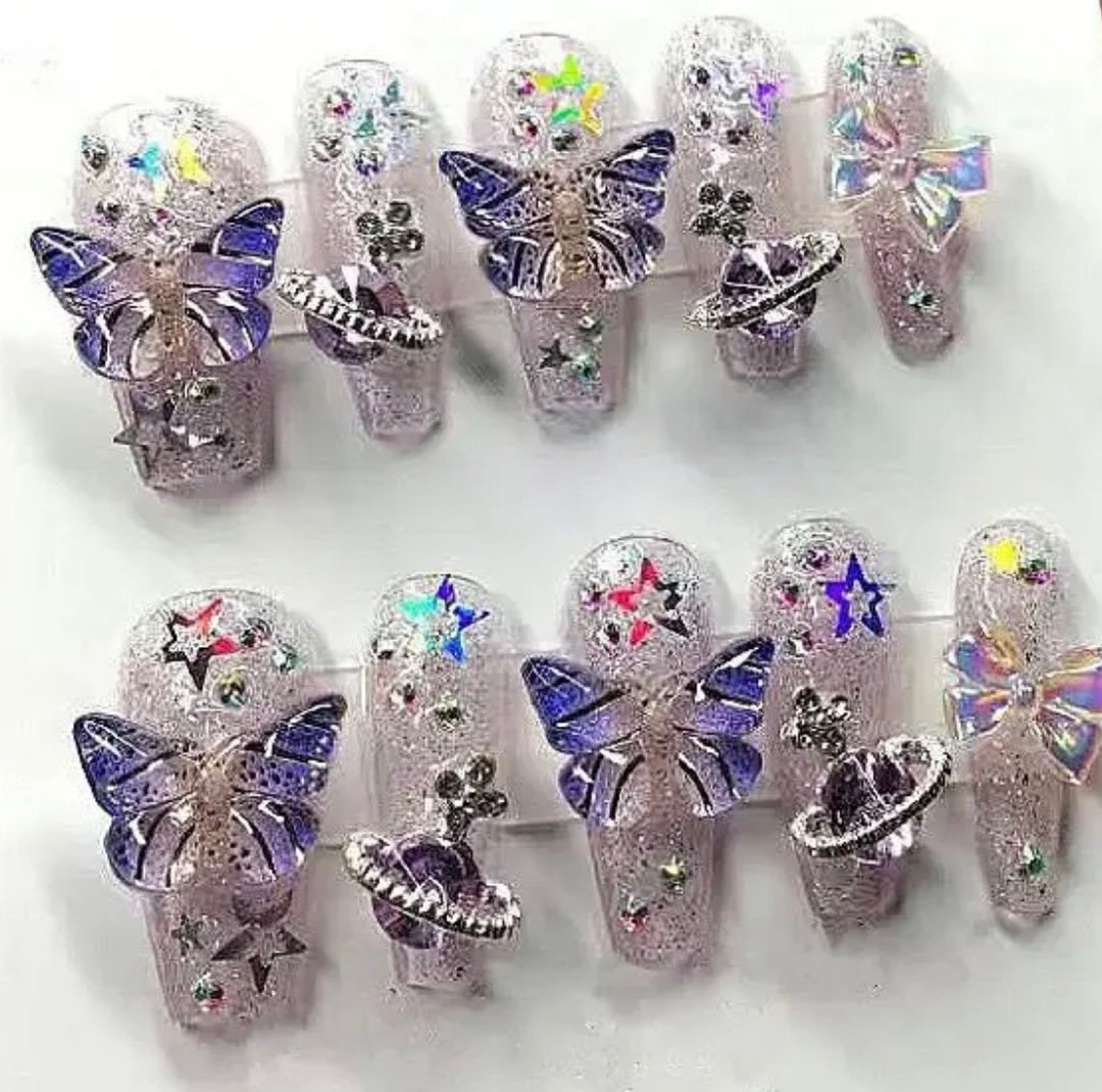 Purple Butterfly Custom Nail Set Handmade Press on Nails Gift Etsy