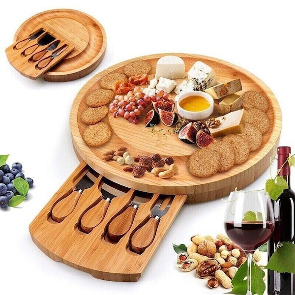 Rustic and versatile bamboo cheese board with cutlery cutting set