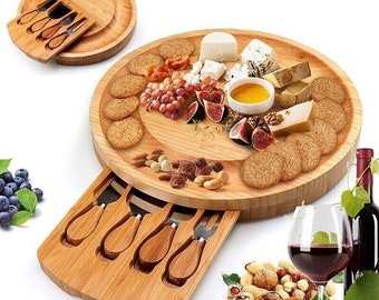 Wooden Cheese Board with Cutlery Cutting Set Serving Chopping Charcuterie Board Wooden Board for Snacks and Picnic and Party