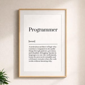 May include: A framed print featuring the word "Programmer" and its definition. The definition describes a programmer as an architect of logic. The frame is a light brown colour.