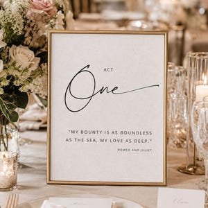 May include: A rectangular sign in a thin gold frame featuring the text Act One and the quote My bounty is as boundless as the sea, my love as deep. Romeo and Juliet. The sign has a light cream background with a subtle speckled texture.