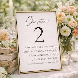 May include: A framed table sign with the word "Chapter" and the number "2" in elegant script. The sign includes a quote from "The Princess Bride" and is surrounded by flowers and candles, suitable for a wedding or event.