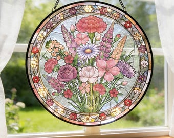 Atrapasueños con flores de nacimiento familiares, adorno floral personalizado para ventana con el mes de nacimiento, regalo de decoración para el hogar personalizado estilo vidriera