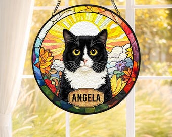 Atrapasueños de vitral con retrato de mascota personalizado, retrato de gato personalizado a partir de una foto, vitral conmemorativo para gato, vitral conmemorativo para gato, regalos para la pérdida de una mascota