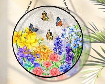 Atrapasueños de vidrio con flores de nacimiento personalizadas, regalo para el Día de la Madre, regalo para la abuela de parte de sus nietos, regalo personalizado para el jardín de mamá