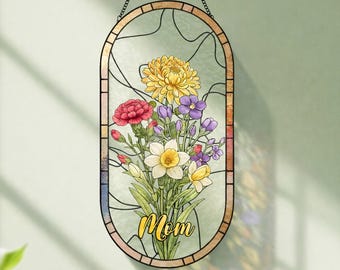 Atrapasueños de vidrieras con flores de nacimiento personalizadas, ramo familiar para colgar en la ventana, regalo del Día de la Madre para mamá o abuela.
