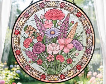 Ramo de flores de nacimiento personalizado en vitral para colgar en la ventana, regalo de flores para el mes de nacimiento de la familia, jardín de la abuela, regalo del Día de la Madre