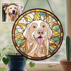 Custom Pet Portrait Stained Glass Suncatcher, Custom Dog Portrait from Photo, Stained Glass Dog Memorial, Pet Memorial Gift, Window hangings