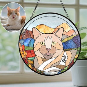 Personalized Cat Memorial Stained Glass, Cat With Name Suncatcher, Cat Suncatcher, Loss of Pet Sympathy Gift, Custom Pet Image Gift
