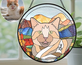 Vitral conmemorativo de gato personalizado, atrapasol con nombre de gato, atrapasol para gatos, regalo de condolencia por la pérdida de una mascota, regalo con imagen personalizada de tu mascota