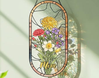 Atrapasueños personalizado con flores de nacimiento, ramo familiar personalizado para colgar en la ventana, regalo estilo vidriera para mamá y abuela.