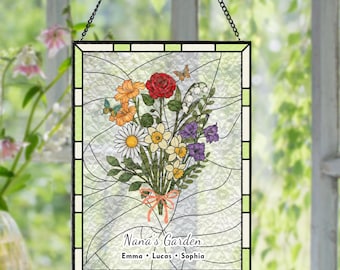 Custom Family Birth Flower Stained Glass Suncatcher | Personalized Birth Month Window Hanging Gift for Mom Grandma | Handmade Floral Decor