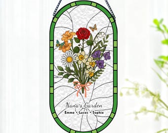 Vitral con flores de nacimiento familiar para colgar en la ventana / Regalo personalizado de flores para el mes de nacimiento de mamá y abuela / Decoración atrapasol personalizada