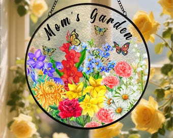 Atrapasueños de vidrio con flores de nacimiento personalizadas, decoración de jardín para la abuela, arte floral en vidrio, arte botánico, regalo para el Día de la Madre, decoración de pared y ventana.