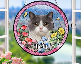 Atrapasol de vitral con retrato de mascota personalizado, monumento conmemorativo de gato, atrapasol de vitral conmemorativo para mascotas, regalo conmemorativo para amantes de los perros o los gatos.
