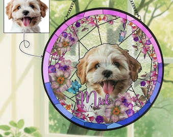 Atrapasol para perros personalizado, vitral conmemorativo para mascotas, retrato a partir de una foto, regalo de condolencia, decoración para amantes de los perros, recuerdo personalizado por la pérdida de una mascota