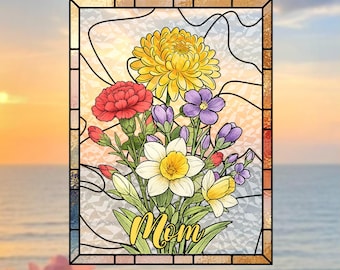 Atrapasueños personalizado con flores de nacimiento, ramo con nombre de familia para colgar en la ventana, regalo significativo para mamá y abuela.