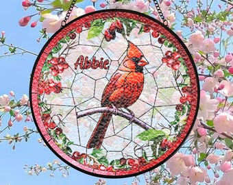 Atrapasueños de vidrio de colores de los cardenales del norte / Vitrales de colibríes / Arte de pared / Regalo de simpatía por la memoria / Regalo de condolencias