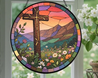 Arte de vitral / Atrapasol floral para ventana / Decoración de cruz de vidrio colgante / Decoración del hogar hecha a mano / Elegante regalo de atrapasol
