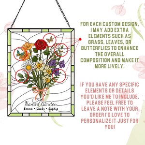 May include: Stained glass panel featuring a floral bouquet with a red rose, daisies, and butterflies. The panel is framed in green and has a black chain for hanging. Text reads "Nana's Garden" with names below.