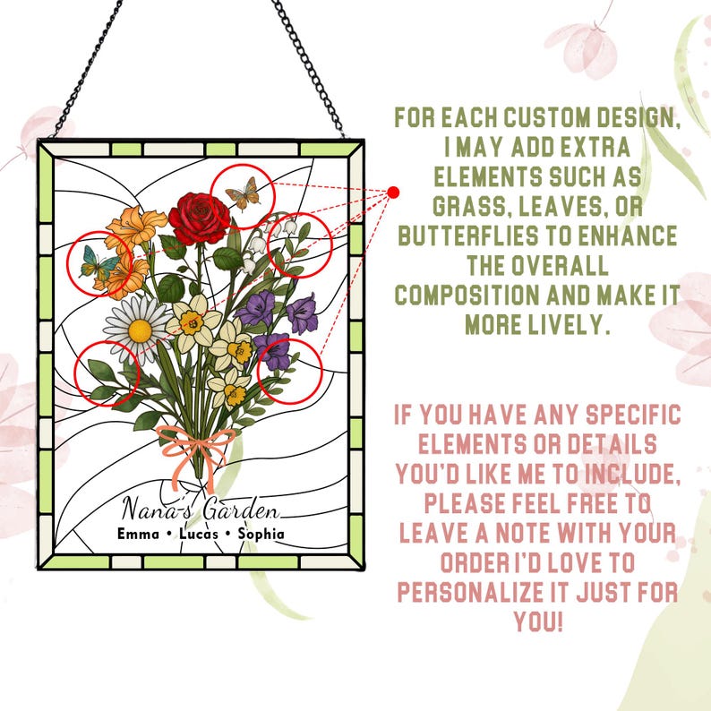 May include: Stained glass panel featuring a floral bouquet with a red rose, daisies, and butterflies. The panel is framed in green and has a black chain for hanging. Text reads "Nana's Garden" with names below.