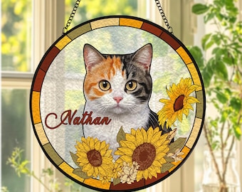 Atrapasueños de vitral con retrato de mascota personalizado, memorial de gato de vitral, retrato de gato personalizado a partir de una foto, gato de vitral, regalos para la pérdida de una mascota