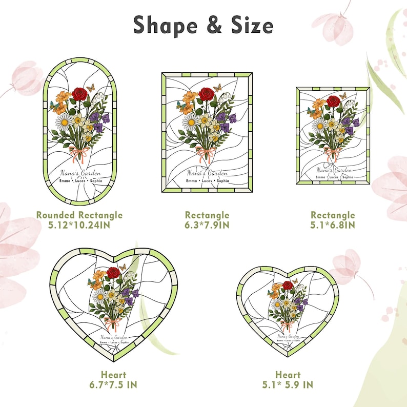May include: An assortment of floral designs in various shapes, including a rounded rectangle, rectangle, and heart. Each design features a bouquet of flowers with a butterfly and the text "Nana's Garden". Measurements are provided in inches.