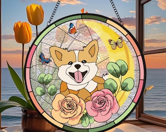 Atrapasol de vitral con retrato de mascota personalizado - Colgante de ventana con perro y gato