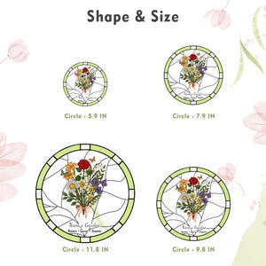 May include: Four circular designs with floral arrangements, each in a stained-glass style. Sizes range from 5.9 inches to 11.8 inches. The text "Shape & Size" is at the top. Each design includes the text "Nana's Garden, Emma, Lucas, Sophie."