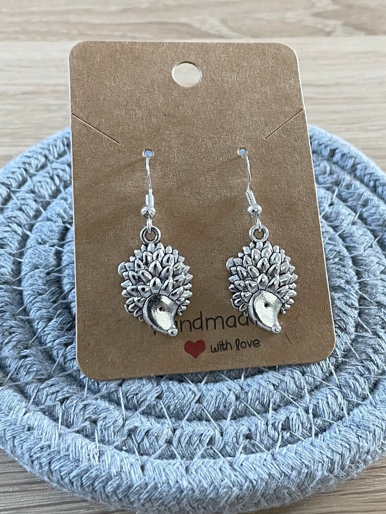 Hedgehog Earrings,Hedgehog Gift for Her, Hedgehog Earrings, Nature Earrings, Everyday Earrings, Sterling Silver hooks Tibetan charm Earrings afbeelding 2