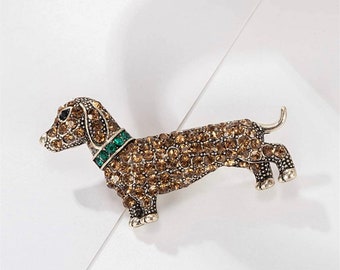 Dachshund vintage gold plated dog brooch, pendant,sausage dog, luxury, pin, gold crystal, animals, dogs, gift for mom,gift for her,dog lover