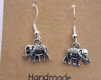 Handmade Silver Elephant Dangle Drop Hook Earrings, Silver Animal Earrings, Nature Inspired Jewellery, sterling silver hook Tibetan charm