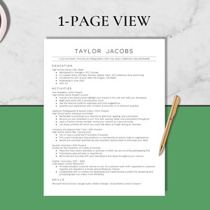 May include: A black and white resume template with the title "1-Page View" and the name "Taylor Jacobs" at the top. The resume includes sections for education, activities, and skills. The document includes contact information, such as a phone number, email address, and a LinkedIn profile URL.