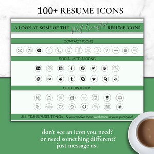 May include: A green and white graphic with the text "100+ Resume Icons" and "A Look at Some of the Well-Crafted Resume Icons". The graphic shows a variety of icons for contact information, social media, and sections of a resume. The text "ALL TRANSPARENT PNGS - & you receive these and more in your purchase!" is at the bottom of the graphic.