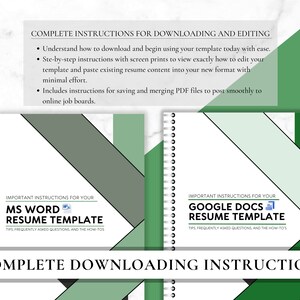 May include: Two green and white spiral bound notebooks with black and white geometric designs. The left notebook has the text "MS WORD RESUME TEMPLATE" and the right notebook has the text "GOOGLE DOCS RESUME TEMPLATE". Both notebooks have the text "COMPLETE DOWNLOADING INSTRUCTIONS" at the bottom.