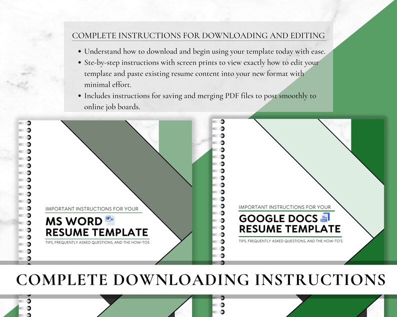 May include: Two green and white spiral bound notebooks with black and white geometric designs. The left notebook has the text "MS WORD RESUME TEMPLATE" and the right notebook has the text "GOOGLE DOCS RESUME TEMPLATE". Both notebooks have the text "COMPLETE DOWNLOADING INSTRUCTIONS" at the bottom.