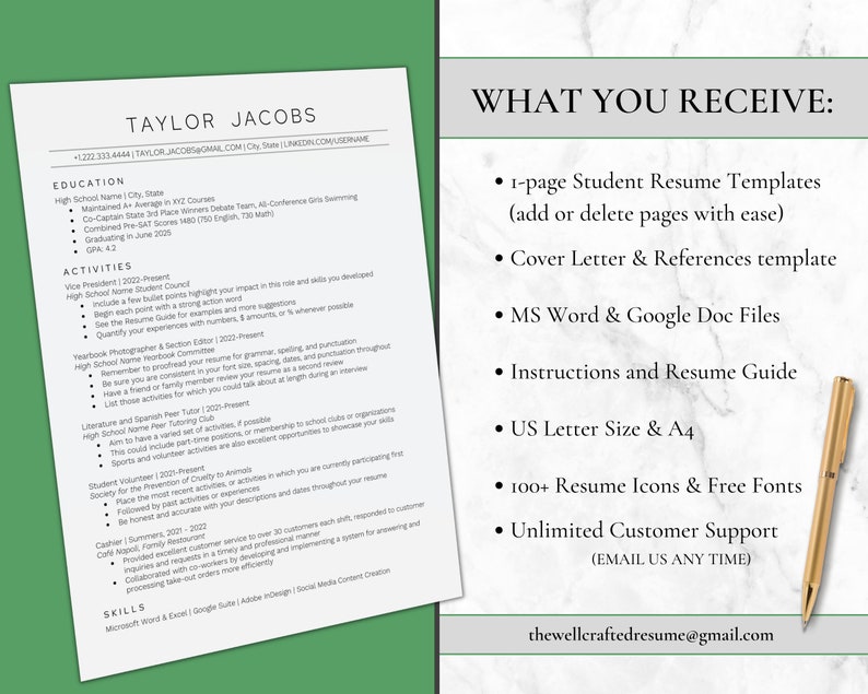 May include: A green and white graphic with the text "WHAT YOU RECEIVE:" and a list of features for a student resume template. The features include a 1-page student resume template, cover letter and references template, MS Word and Google Doc files, instructions and resume guide, US letter size and A4, 100+ resume icons and free fonts, unlimited customer support, and an email address.
